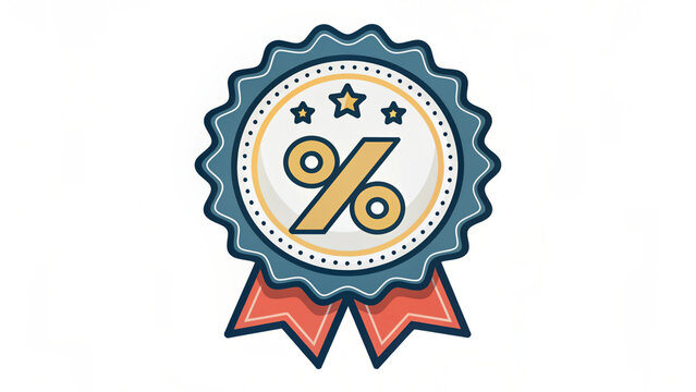 Flat icon of a blue and red rosette badge with a gold percentage symbol, representing discounts, sales, and awards.