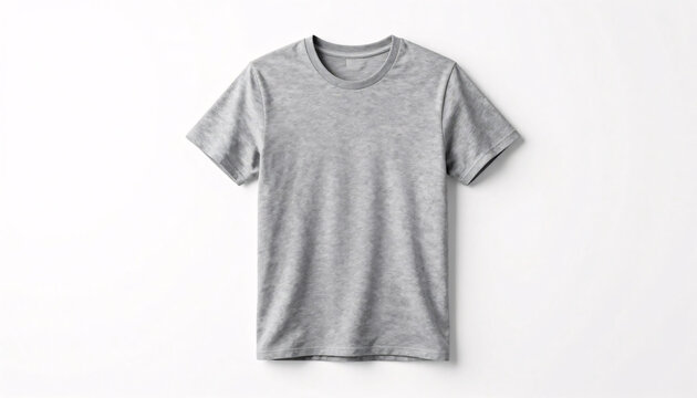 A classic, blank light grey short-sleeved t-shirt with a textured fabric finish is laid flat against a pristine white background, offering a versatile and clean template for apparel branding and desig