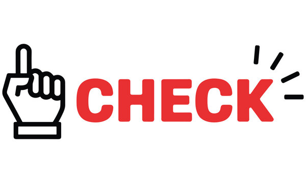 Hand icon pointing finger with bold red check text indicating verification or confirmation