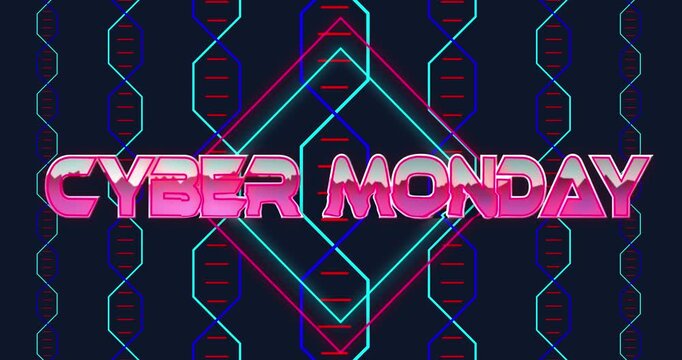 Animation of pink metallic text high score over neon lines on green computer motherboard