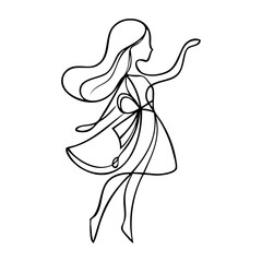Logotipo de boutique de moda femenina. Dibujo sencillo con una línea continua de una niña de pie con un vestido y el brazo levantado  © teracreonte