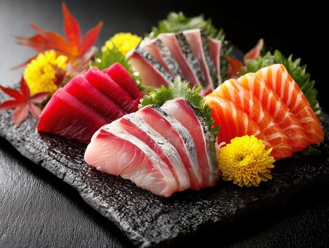 黒い石皿に盛り付けられた新鮮なマグロやサーモンとブリの刺身盛り合わせの俯瞰写真