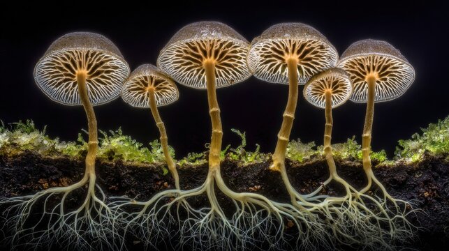 Intricate Mushroom Growth with Visible Mycelium and Roots on Dark Soil