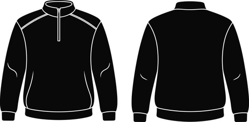 Black quarter zip sweatshirt vector mockup technical sketch front and back view blank long sleeve fleece pullover jacket template for fashion design apparel © SHAPLAKHATUN