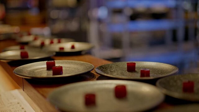 A gourmet dinner at a restaurant. Gastronomic food and dishes. Decorations and sophistication of signature dishes from the chef. Food as art. Bright colors of the dishes.