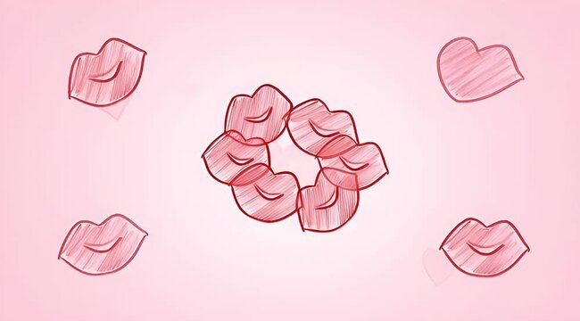 Romantic abstract background with scattered sketchy lips on a light pink background