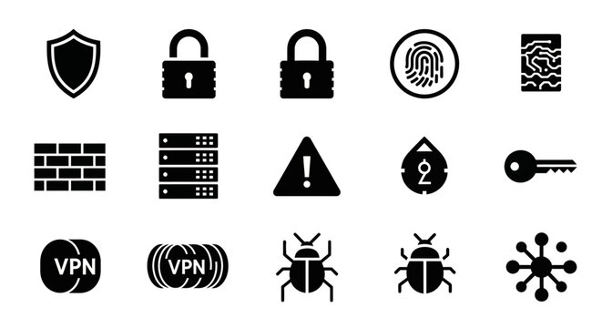 A comprehensive set of black silhouette icons representing various aspects of cybersecurity, data protection, and digital threats.