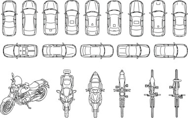 Cars motorcycles and bicycles top view outline set, transport vehicles collection detailed line art vector illustration isolated on white background © Hello World