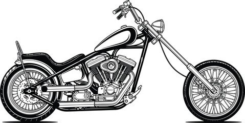 Custom Chopper Bobber Motorcycle Vector Illustration, Black and White Classic Cruiser Bike with Detailed Engine and Long Fork Design © MstSalina