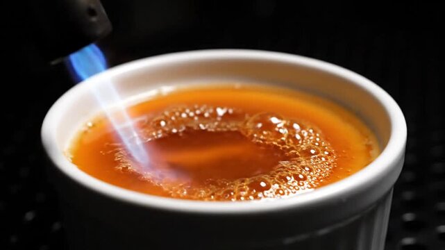 Sequence of a flame igniting a torched caramel or sugar topping in a cooking process, with the flame heating and bubbling the surface, creating bubbles and caramelization effects.