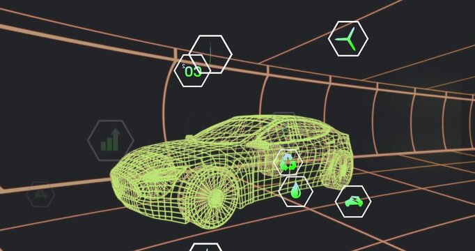 Animation of multiple digital icons over 3d car model moving in seamless pattern in a tunnel