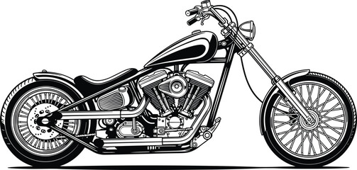 Custom Chopper Motorcycle Vector Illustration, Classic Black and White Cruiser Bike with Detailed Engine and Retro Bobber Style Design © MstSalina