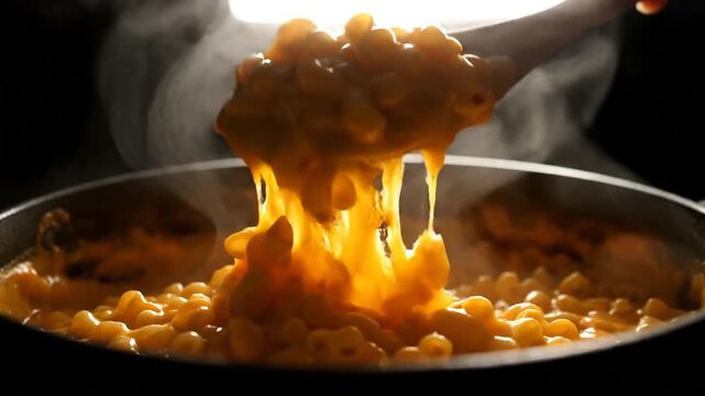 The sequence shows corn kernels being cooked in a pot, with steam rising as the mixture thickens and cheese or butter is added, creating a melty, steaming dish of corn. A spoon moves through the mixt