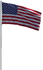 Fototapeta premium United States of America flag on metal flagpole flies in wind, 3D rendering, png on transparent background