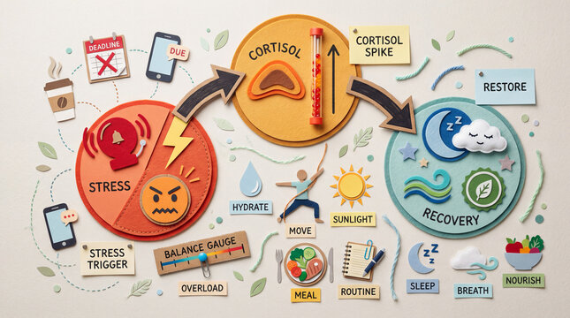 Hormone Stress Recovery Infographic, Handmade Paper Cut Craft Flat Lay, Stress Cortisol Reset Cycle Diagram For Wellness Education.