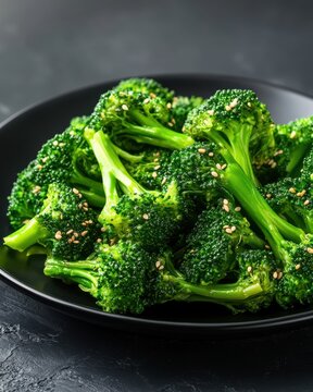A plate of cooked broccolini with a savory miso coating