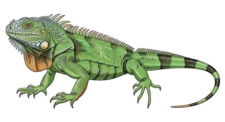 Obraz premium Vibrant green iguana with spiky back and sharp claws on white