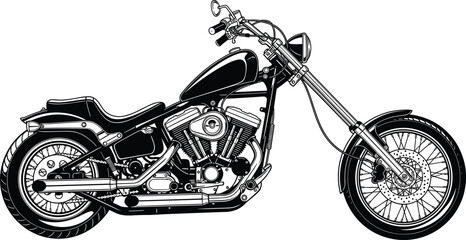 Classic Custom Chopper Motorcycle Vector Illustration, Black and White Cruiser Bike with Detailed Engine and Long Front Fork © MstMorshida