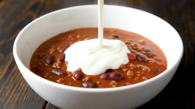 A sequence of images showing the process of pouring sour cream into a bowl of chili con carne with beans, tomatoes, and spices, initially filled with hot chili, then topped with sour cream.