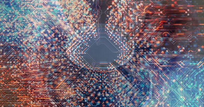 Central hexagonal microchip glowing and radiating orange and blue circuit patterns across data grid