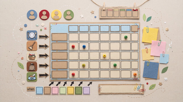 Chore Chart Template, Paper Cut Craft Flat Lay, Who What When Grid With Blank Labels, No Text Household Responsibility Planner Infographic.