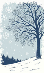 Fototapeta premium Winter landscape with bare tree and falling snowflakes.