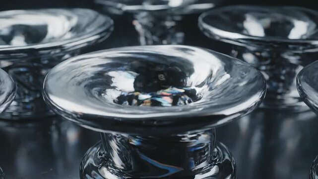 Close-up of falling water droplets creating ripples on reflective surface