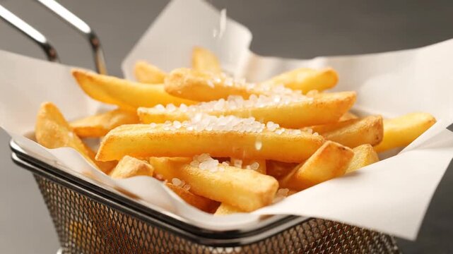 A basket of golden French fries sprinkled with salt, lined with tissue paper, on a dark countertop, close-up shot.