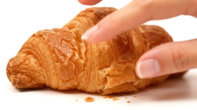 The video shows a hand slowly touching and pressing a golden, flaky croissant placed on a white surface, with the croissant gradually squishing under the pressure, highlighting its soft texture.