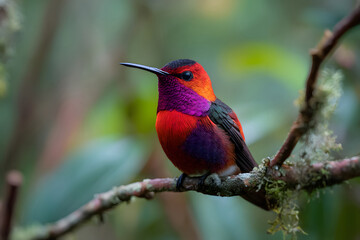 Fototapeta premium Vibrant red and purple hummingbird perched on tree branch in tropical rainforest, tiny exotic bird resting in natural habitat during daylight, showcasing wildlife beauty and rainforest biodiversity