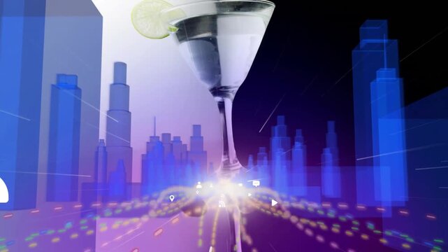 Martini glass rising from mid flare, camera dipping, roadway scrolling, icons pulsing, drawing eye