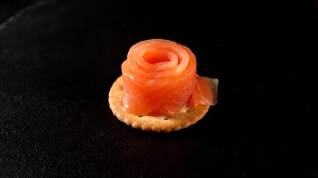 A step-by-step process of assembling a smoked salmon canap&eacute; on a round cracker, garnished with cream or sauce, centered on a black background.