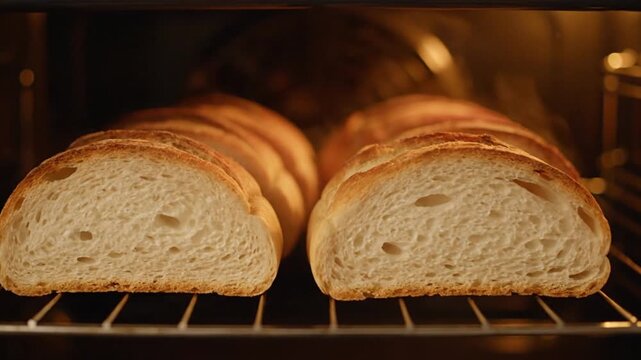 Slices of bread baking in an oven, gradually rising and becoming toasted, with a warm glow illuminating the process.