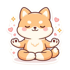 Naklejka premium Cute Shiba Inu Meditating in Lotus Pose Cartoon Illustration with Hearts and Sparkles