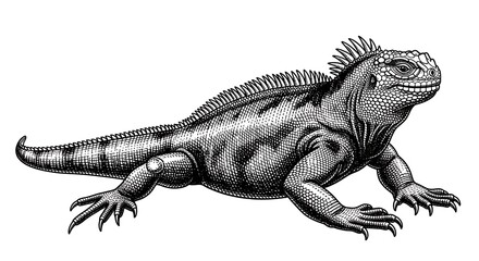 Detailed black and white illustration of iguana