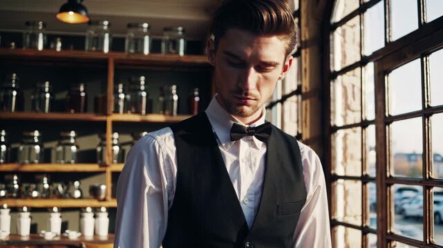 Man arranging glass jar on shelf inside cafe while male waiter in vest and bow tie prepares service near window with warm sunlight falling across wooden counter and glass jar on shelf with detail
