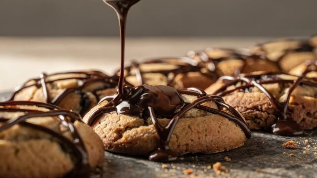 Medium shot focused on cookies receiving a delicate chocolate drizzle emphasizing intricate patterns and artisan finishing touches.