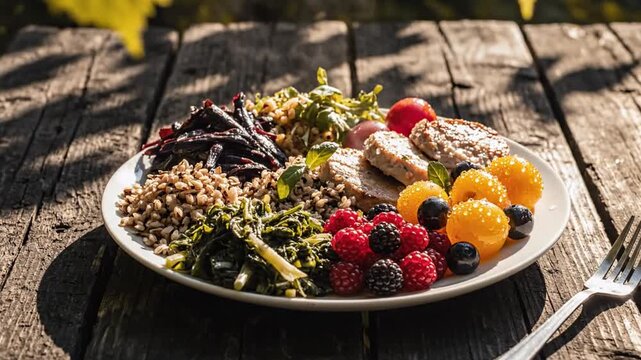 Fresh colorful plate of organic harvest items on rustic wooden table with berries, grains, and greens