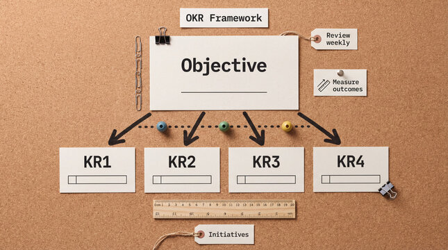 OKR Goal-Setting Framework Diagram, Mixed Media Flat Lay With Real Objects, Labeled Objective And Key Results Workflow For Team Planning.