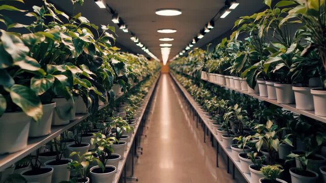 Rows of potted plants stretch down a long indoor greenhouse aisle with matching pot and shelf arrangement on both side, showing dense leaf clusters in a tidy nursery walkway under overhead light.