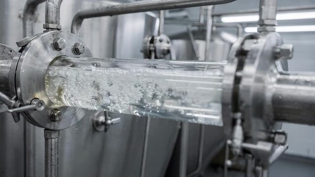 Medium shot of an inline carbonation injection manifold seamlessly infusing chilled beverages with precise carbon dioxide flow for enhanced effervescence and taste quality.
