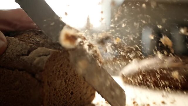 A close-up of a person slicing a loaf of brown bread with a serrated knife, causing crumbs and flour to scatter in the air, in a bright kitchen setting.