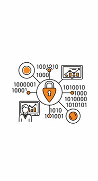 Digital Data Security Concept with Padlock Icon, Binary Code, and Data Analytics Visualization for Cybersecurity and Information Protection