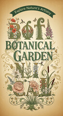Fototapeta premium Text Botanical Garden, floral decorated letters, with hummingbird and butterfly. Concept of natural beauty and artistry, ideal for garden related concepts
