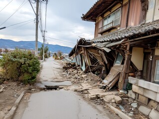 Fototapeta premium 地震の被害により倒壊した古い日本家屋と地割れが発生したアスファルトの道路が続く風景