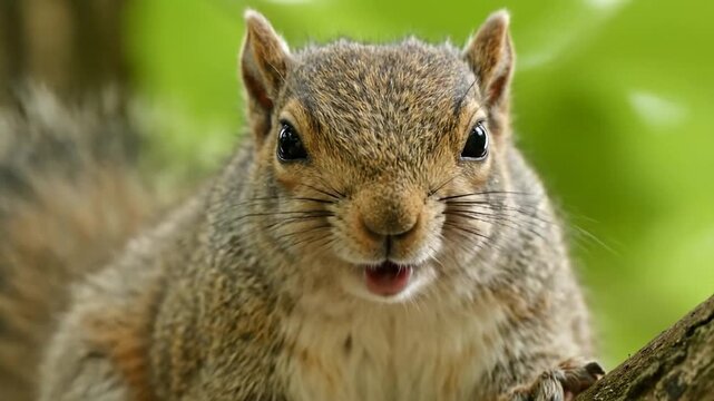 Close-up of a squirrel with its mouth wide open, displaying teeth, against a green background