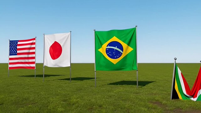 International Flags on Poles: Business Partnerships, Global Trade, Diplomacy Concepts