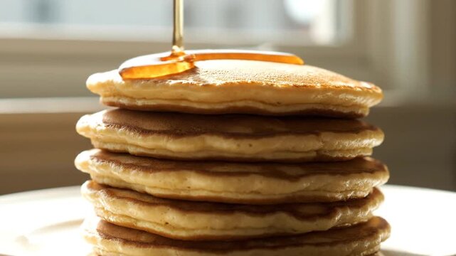 A stack of pancakes is being drizzled with syrup, creating a glossy layer over the golden-brown pancakes, with sunlight streaming through a window in the background.
