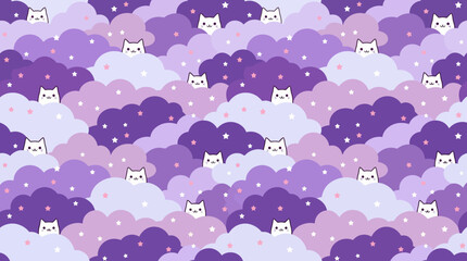 Obraz premium Whimsical seamless pattern featuring white cats nestled in purple clouds, a cute cartoon illustration suitable for fabric, wallpaper, and decor.