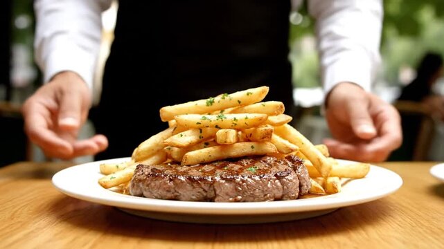 A waiter presents a plate with a cooked steak topped with French fries and garnished with herbs in an elegant restaurant setting, with blurred background diners and greenery.